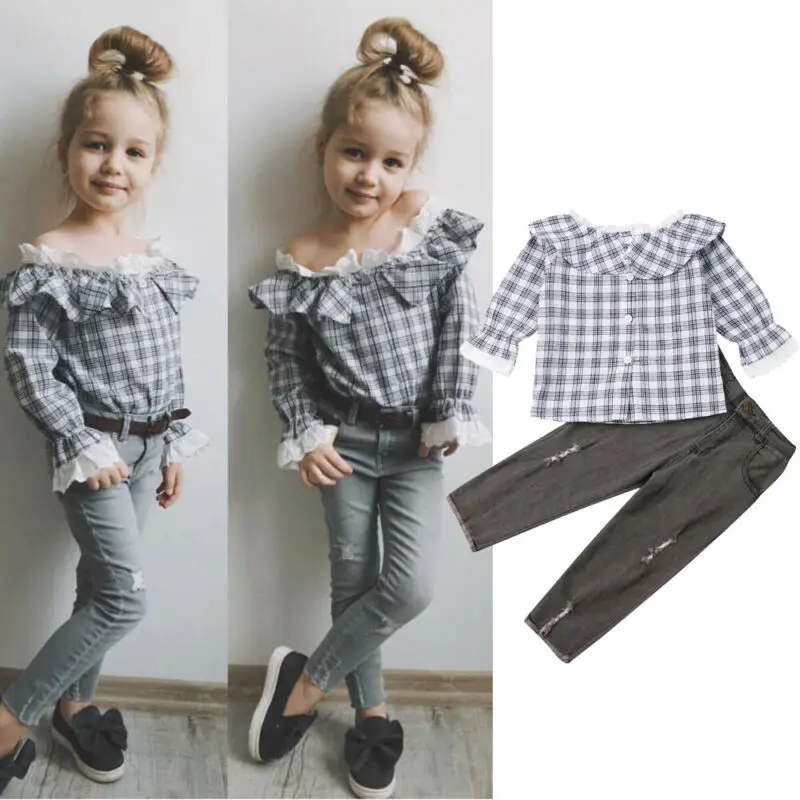 Girls Clothes 2 3 4 5 6 7 Years Sweet Lace Ruffle Long Sleeve Plaids Shirt Tops Jeans Pants Outfits 2pcs set Kids Baby Clothing