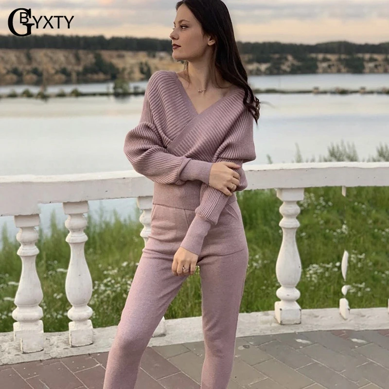 GBYXTY женская элегантная трикотажная одежда Осень Зима Женский трикотажный спортивный костюм свитер с v-образным вырезом и штаны комплект из 2 предметов наряды ZA1698