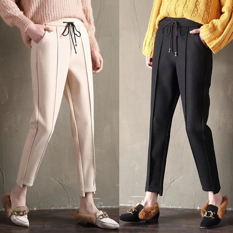 

Wavsiyier Winter Suit Pants Women Elastic Trousers Korean Casual Straight Harem Woolen Solid Streetwear High Waist Pant Wide Leg