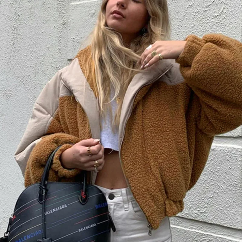 

YICIYA 2021 Faux Fur Jacket Coats Patchwork Teddy Bubble Parkas Women Winter Thick Warm Coats High Quality Outwear Fur Trim Hood