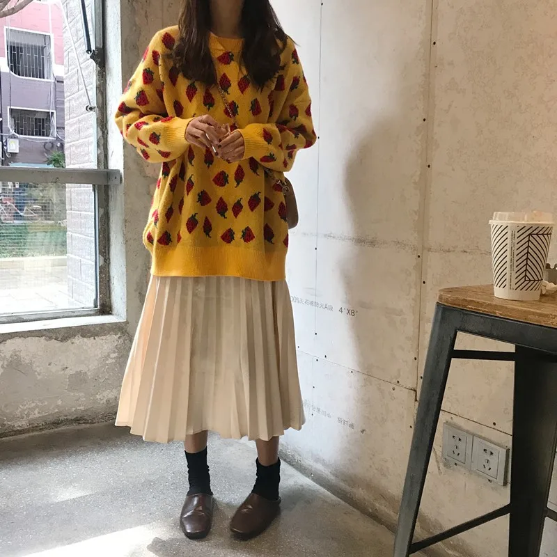 Корейский Ulzzang сладкий клубничный принт вязаный свитер женский милый