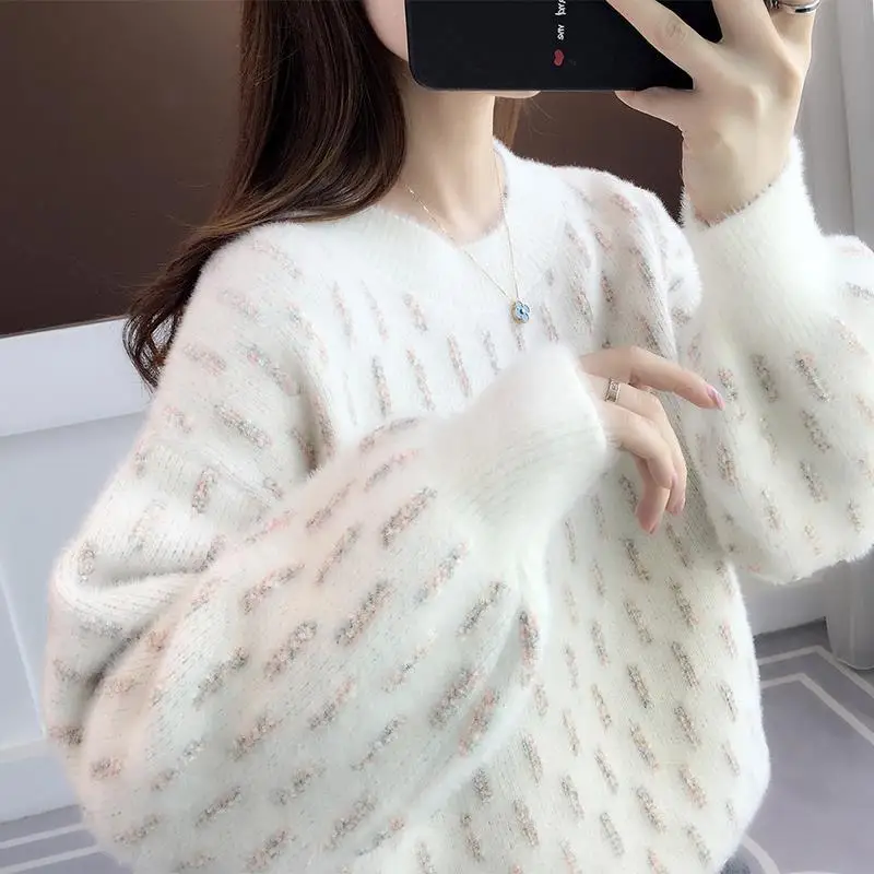 

Women 2022 Autumn Winter New Imitation Mink Velvet Sweater Tops Female Thick Warm Knitted Tops Ladies Loose Print Jumpers E965