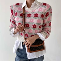 womens chic floral o neck short sweater spring autumn elegant casual streetwear pullover jumpers ladies long sleeve knitted top