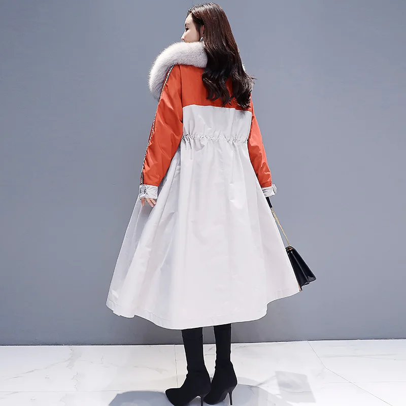 Женское хлопковое пальто средней длины с большим меховым воротником толстое
