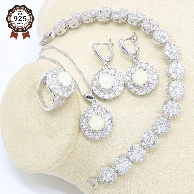 Круглые серьги с белым огненным опалом ожерелье кольцо подвеской серебряный