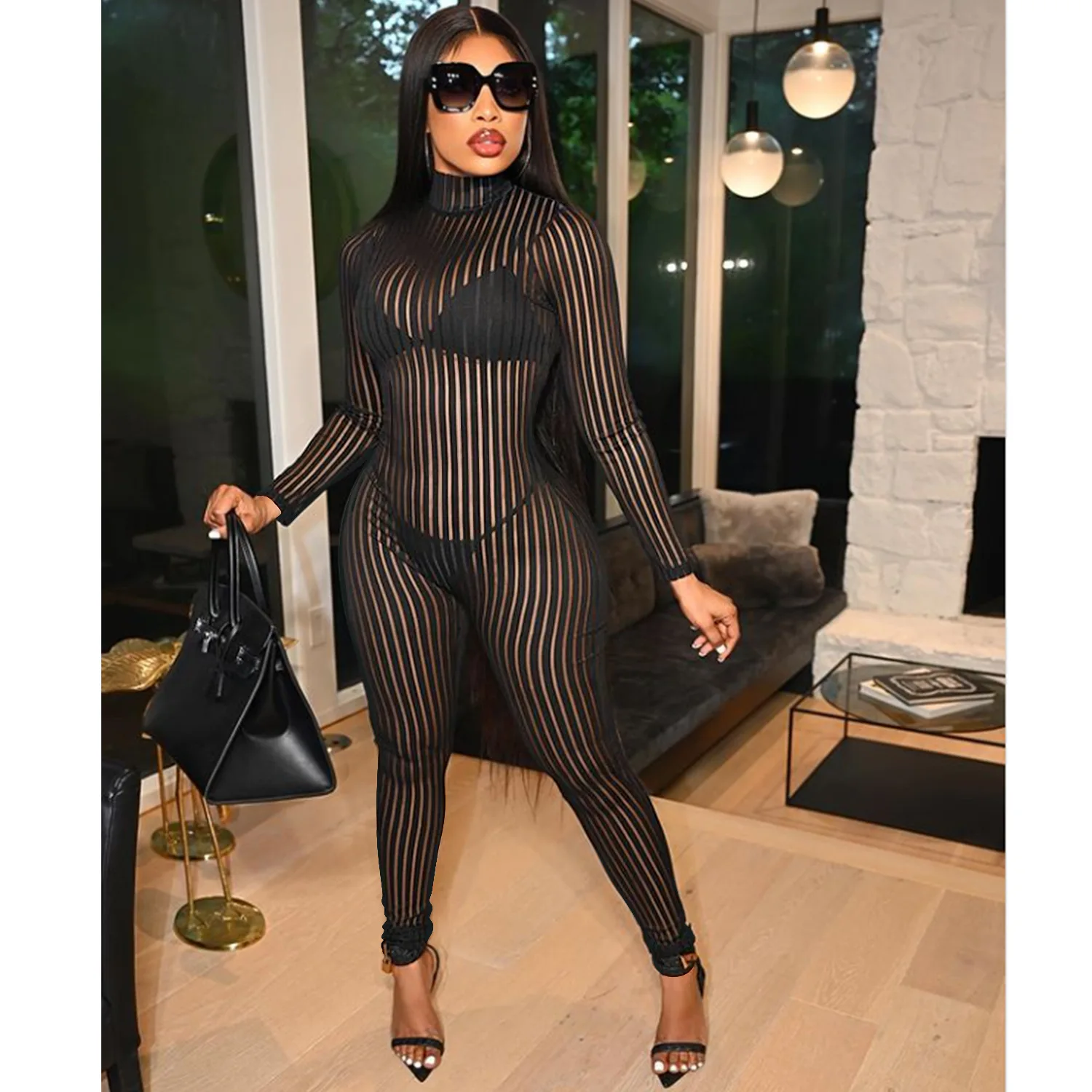 Женский прозрачный сетчатый сексуальный черный кружевной комбинезон бамбуковые