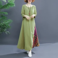 mujer cotton linen dress female autumn 2021 new three quarter sleeves ethnic style stitching big size 5xl dresses for women 2021