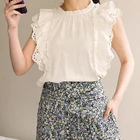 Женская блузка с вышивкой, винтажная ажурная рубашка без рукавов с оборками и круглым вырезом, лето 2022