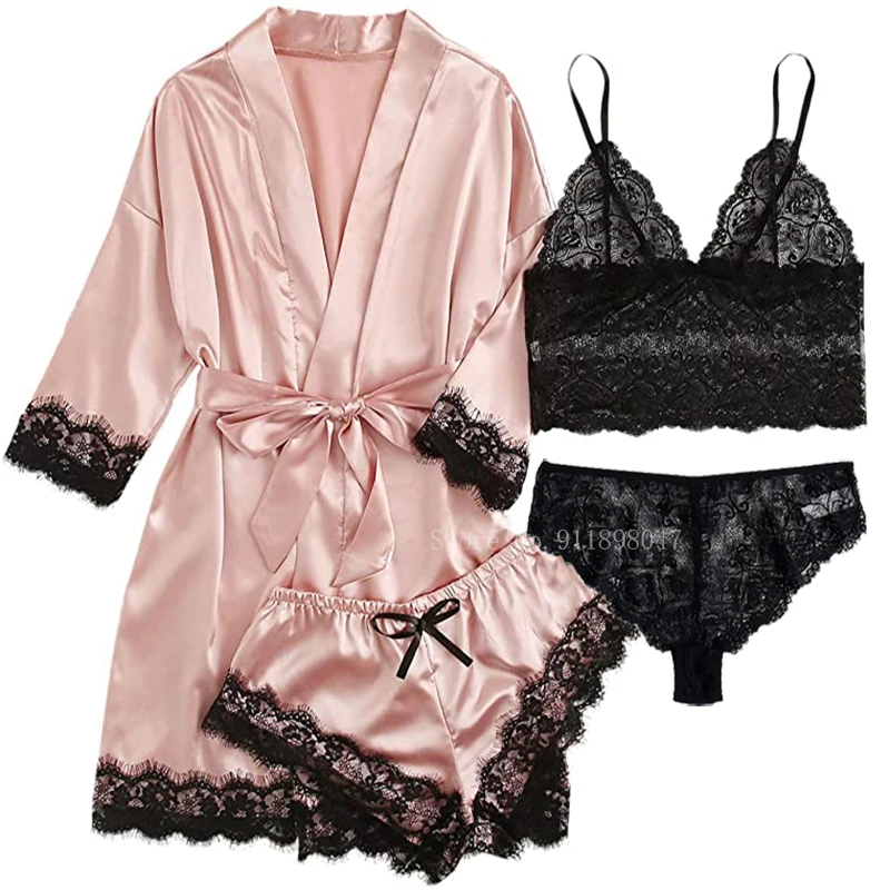 

Pink 4pcs Lace Robe Pajamas Sets Women Sexy Trim Satin Sleepwear Silk Sling Robe Nightwear Pyjama Spaghetti Strap Sleep Lounge