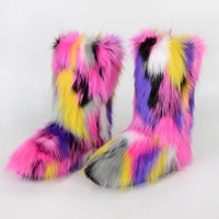 fluffy faux fur boots for women furry fuzzy snow boots winter warm comfortable mid calf boot outdoor flat shoes