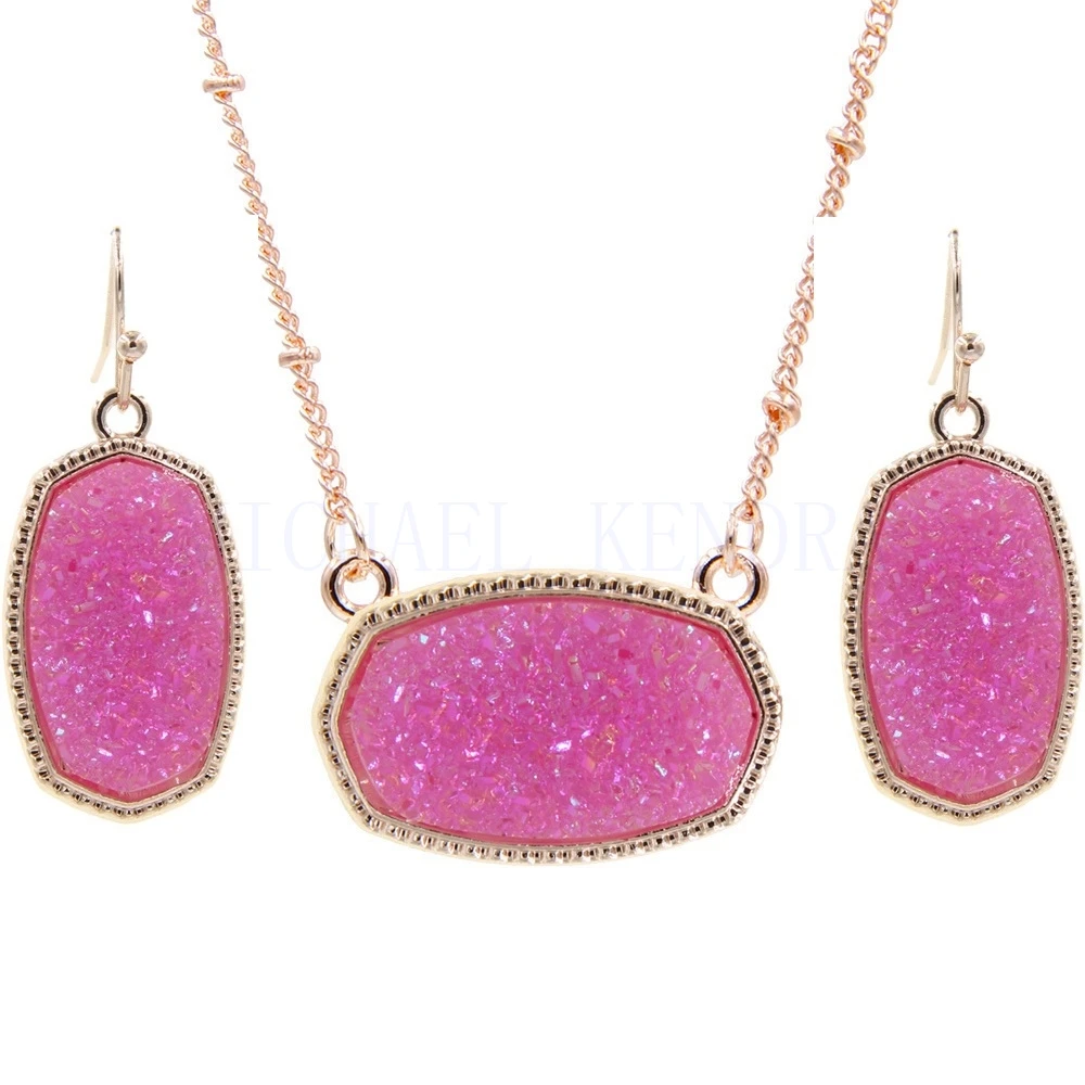 

Resin Druzy Drusy Pendant Necklace Hexagon Rose Gold Oval Style Luxury Brands Designer Inspired Jewelry for Women Girls