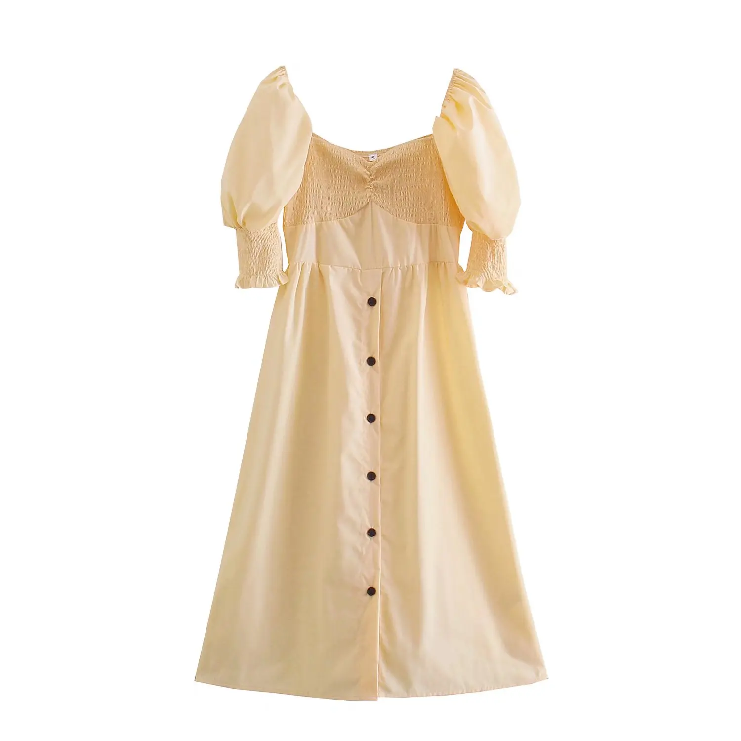 

Clazzaa Women Elegant Dress with Short Puff Sleeves Square Neckline Smocked Detail Buttons Decoration Chic Midi Dresses Female