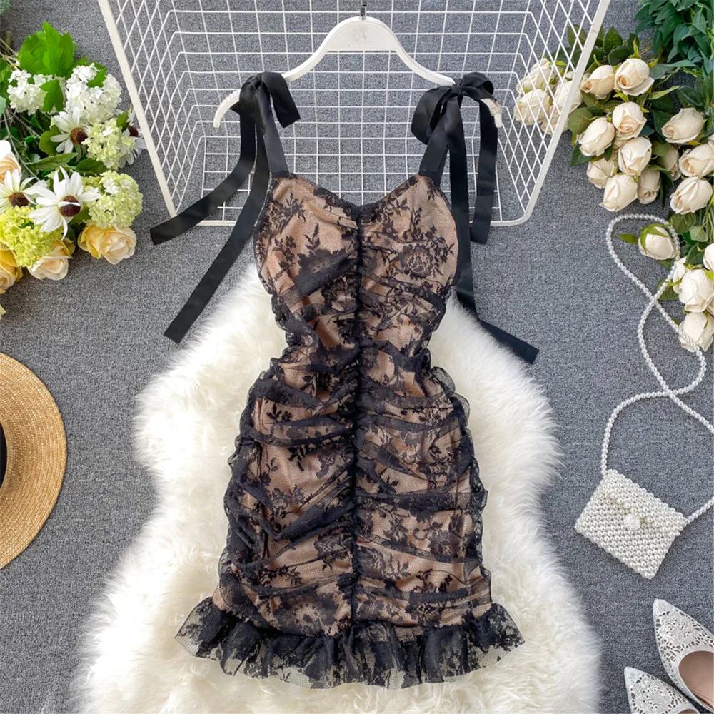 

Women Black Lace Mini Dress Summer Sexy Y2K Bandage Patchwork Fashion Pleated Slim Short Dresses Sweet Female Gown Sundress 2021