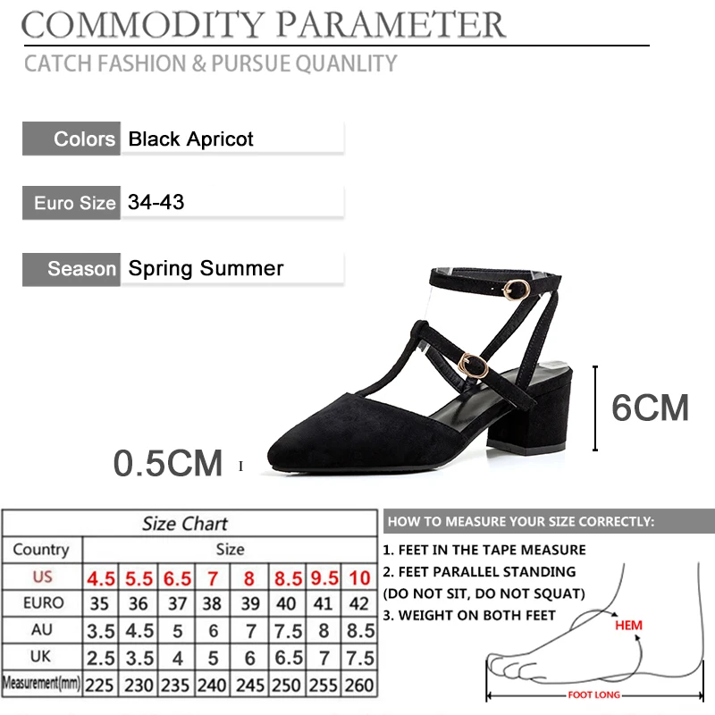

BYQDY T-tied 6cm High Heels Woman Pumps Buckle Strap Flock Pointed Toe Thick Heels Pumps Shoes Female Casual Dress Work Shoes