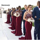 Женское длинное платье подружки невесты, бордовое кружевное платье с юбкой-годе, Новое привлекательное атласное длинное винтажное платье на бретельках с поясом, 2022