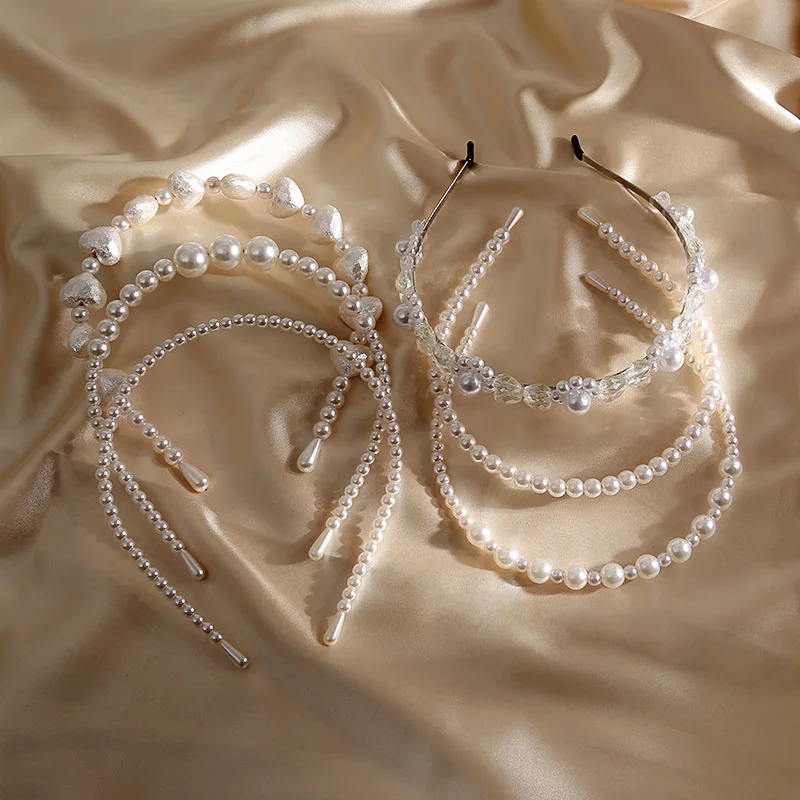

All-Pearl Bridal Headband Head Wrap High Quality Shiny Love Heart Baroque Rhinestone Crown Pearl Hair Band Headband Wholesale