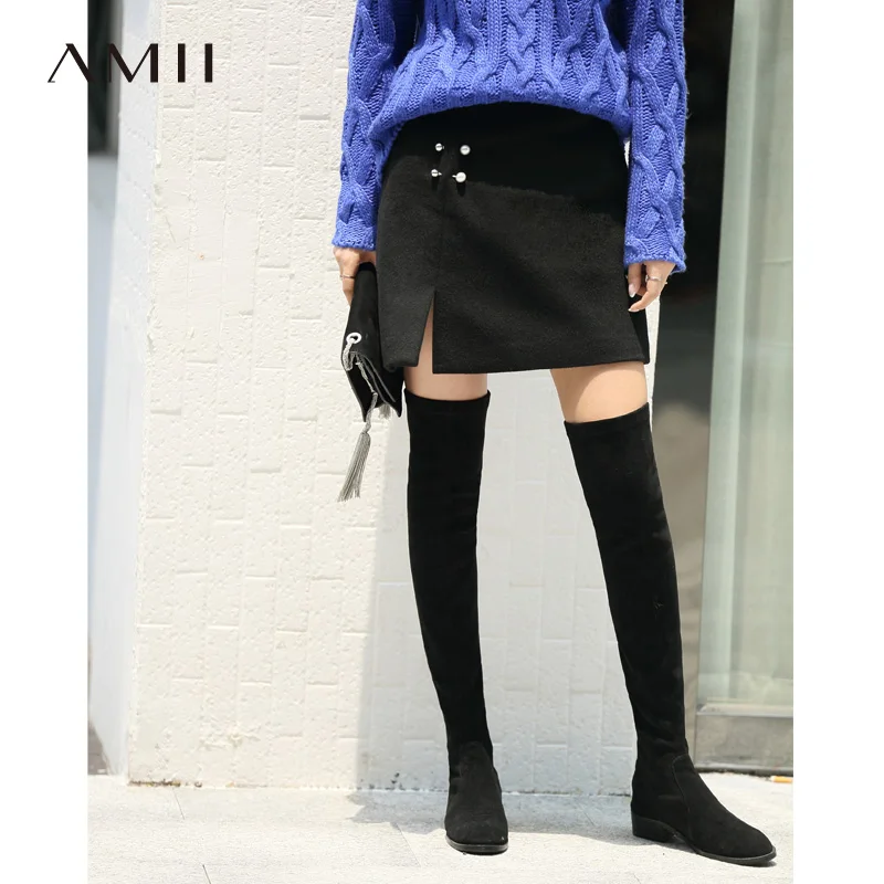 Amii Минималистичная шерстяная юбка зимняя женская однотонная мини-юбка с