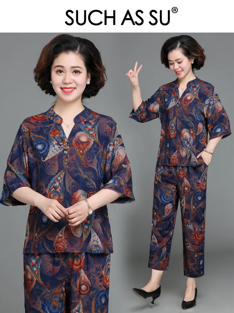 

SUCH AS SU Women 2021 Summer V-Neck Multicolor Temperament Top+Pants Two Piece Suit Casual Ladies Plus Size Mother Suits 15804