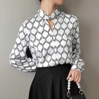 womens stand collar cross neck design long sleeve blouse geometric rhombic print shirt pullover top 2022 spring and autumn new
