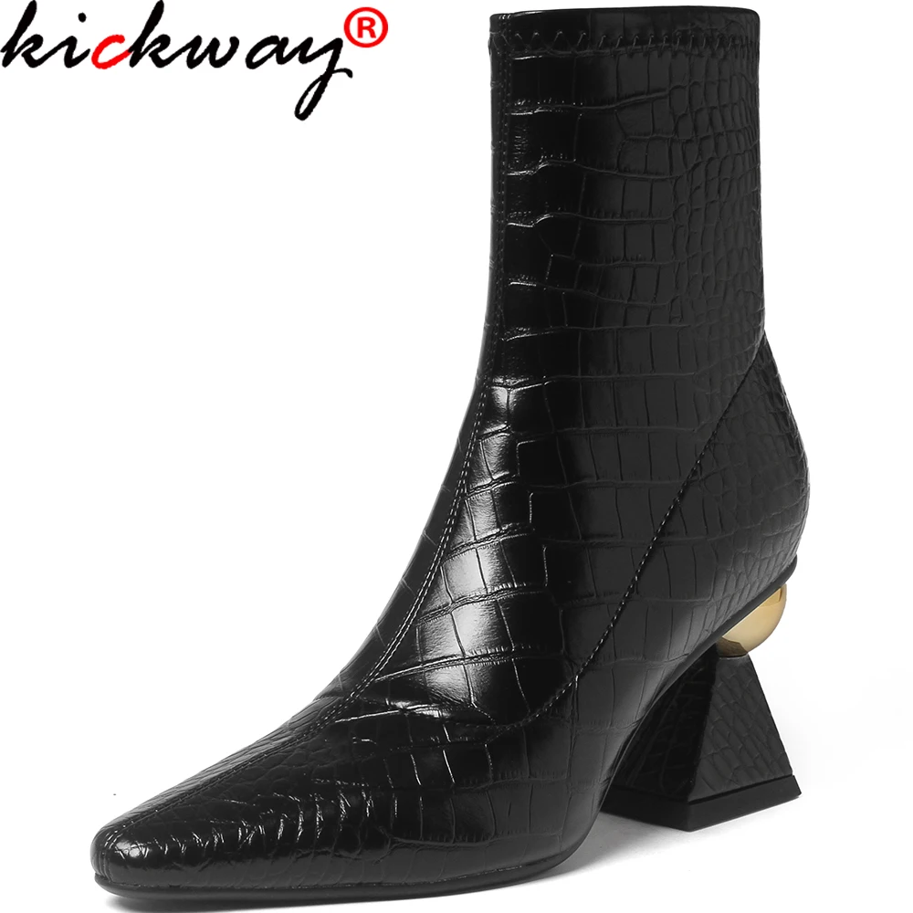 

Kickway 2021 Working Casual Women Ankle Boots Brand Classic Thick Heels Square Toe Genuine Leather Shoes Woman Autumn Winter