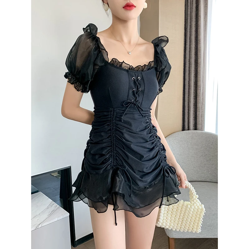 

Женский слитный купальник 2021 с эффектом пуш-ап, летний костюм, новая Корейская женская юбка в стиле Instagram, Черный Принт из полиэстера, для сер...