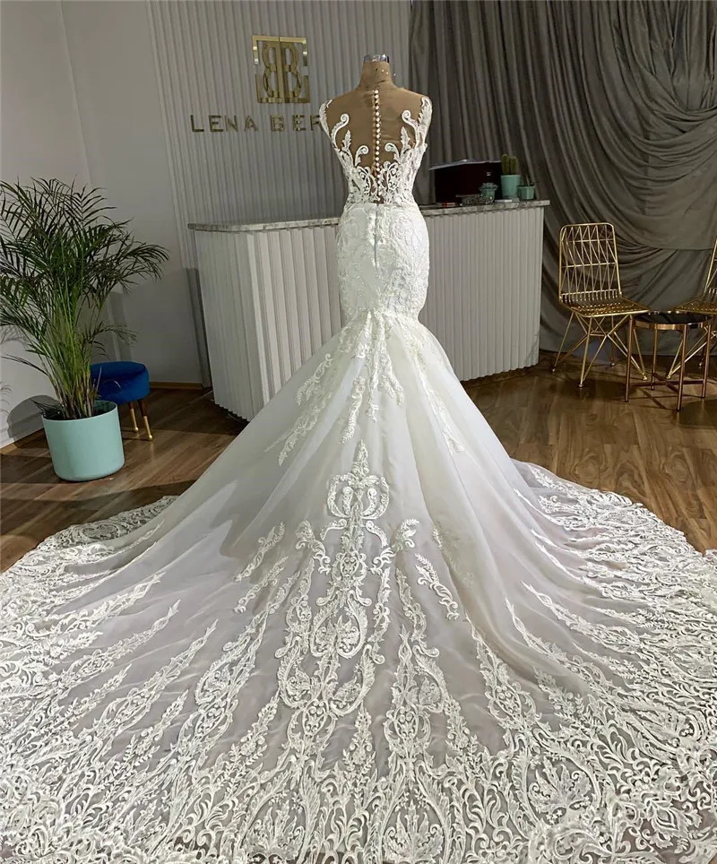Romantic Lace Mermaid Wedding Dress With Cathedral Train Sexy Sheer O Neck Zipper Back Wedding Gowns Robe De Mariee