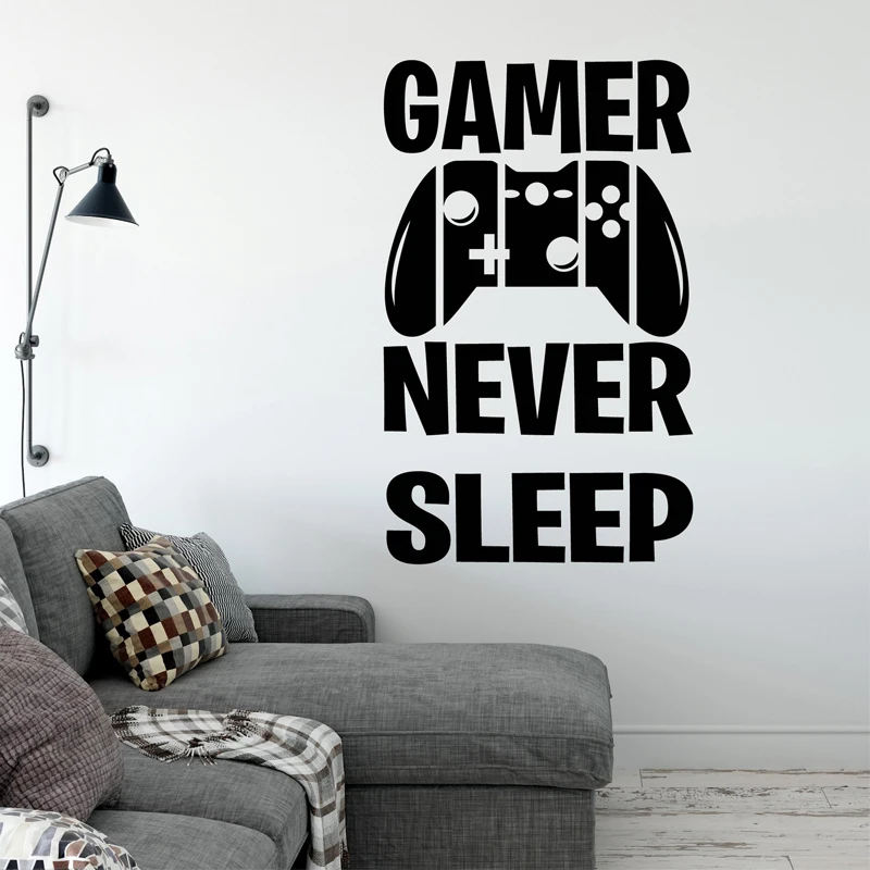 

Joystick Wall Sticker Gamepad Decal Boys Bedroom Decoration Quote Gamer Never Sleep Mural Video Game Logo Teens Room Wall Decor