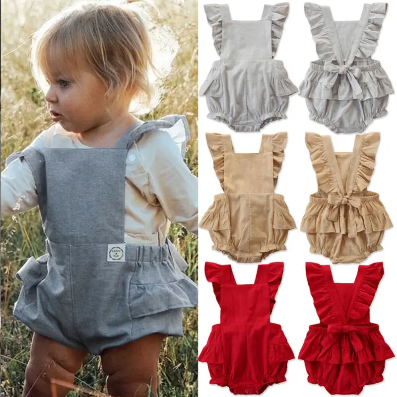 

0-24M Newborn Infant Baby Girl Boys Bodysuits Fashion Baby Girl Boy Clothes Ruffle Sleeve Solid Jumpsuit Cotton&Linen Outfits