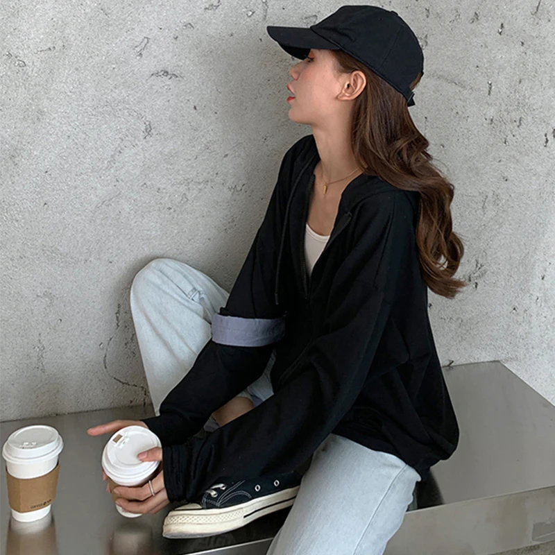 ZZSYKD Black Zip Up Hooded Sweatshirt Women Winter Jacket Coat Oversized Hoodies Retro Warm Pockets Long Sleeve Pullover Clothes
