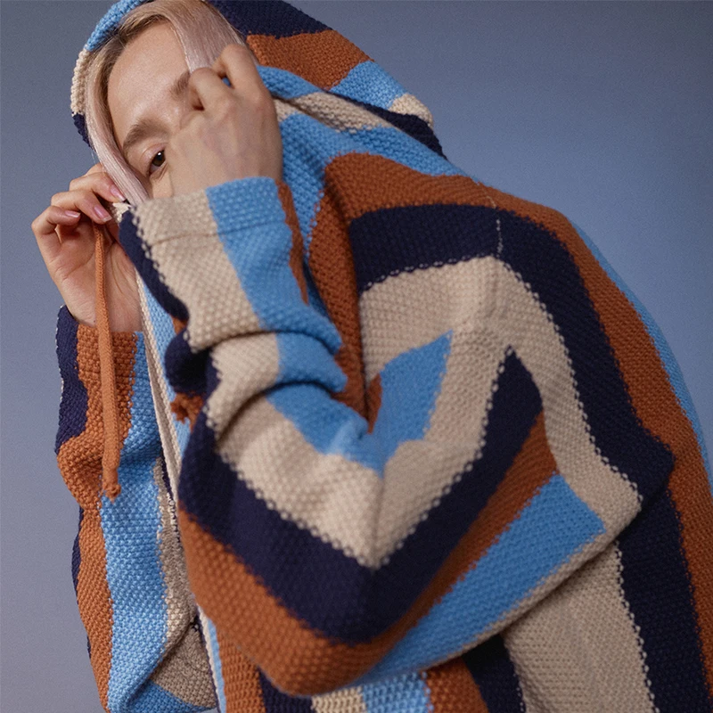 Shopping Online Custom Striped Knitted Bright Yellow Hoodies Pullover Sweater with Pocket |