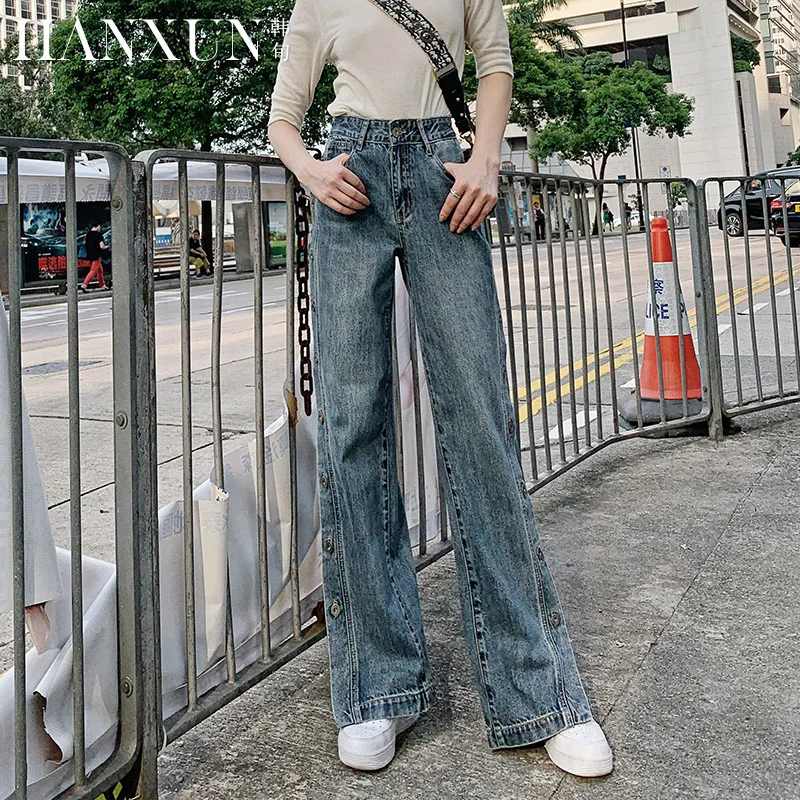 Free Shipping 2021 Fashion Long Pants For Women High Waist Trousers Plus Size Denim Wide Leg Jeans 25-31 Buttons High Quality