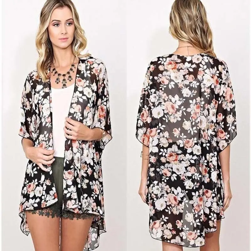 

Summer Women Casual Batwing Sleeve Chiffon Blouse Floral Print Loose Kimono Shirts Big Size Beach Tunic Tops Peplum Blusas