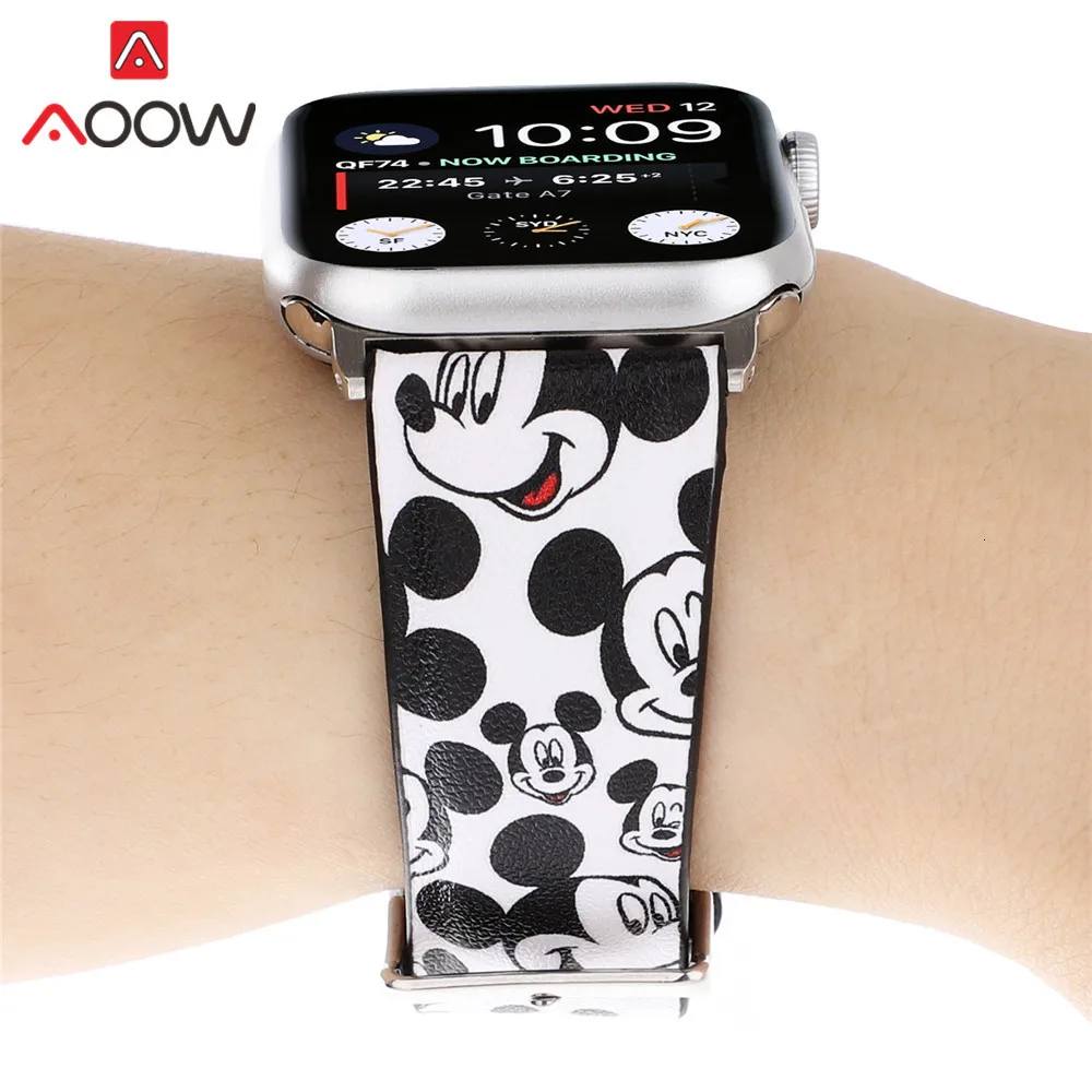 Кожаный ремешок для часов с мультяшным принтом для Apple Watch 40 мм 44 мм 38 мм 42 мм Микки браслет с подвеской в виде мыши ремешок для iWatch 1 2 3 4