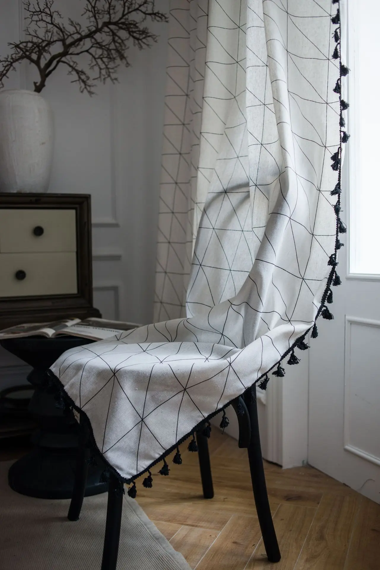 

High- Quaility Cotton White Geometric Printing American Luxury Curtain Kitchen Semi-shading Bay Window Living Room Curtains