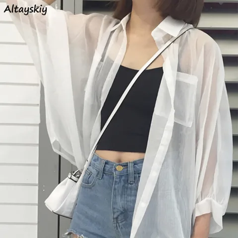 Shirts Women Summer Thin Chiffon Soft Breathable Sheer See-through Full Blouses Basic All-match Fashion Female Chic Loose New