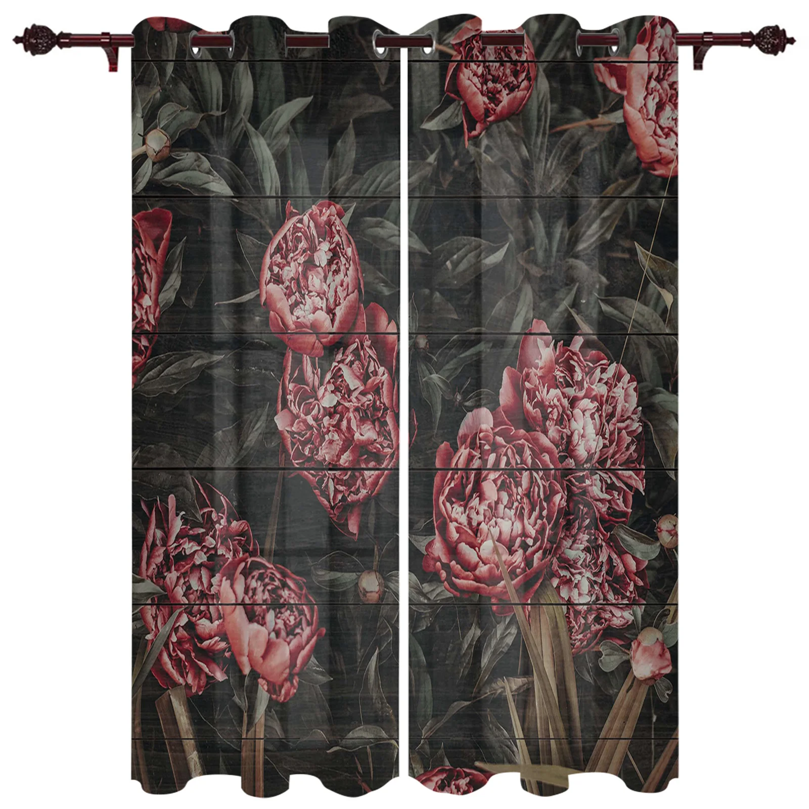 Patio Curtain Retro Wood Grain Red Flowers Indoor Living Roo
