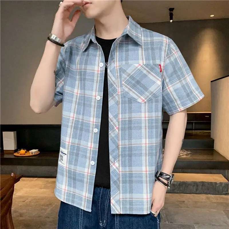 

Men's shirt 2021 summer fashion brand Short Sleeve Plaid Shirt summer stripe inch shirt men's wear
