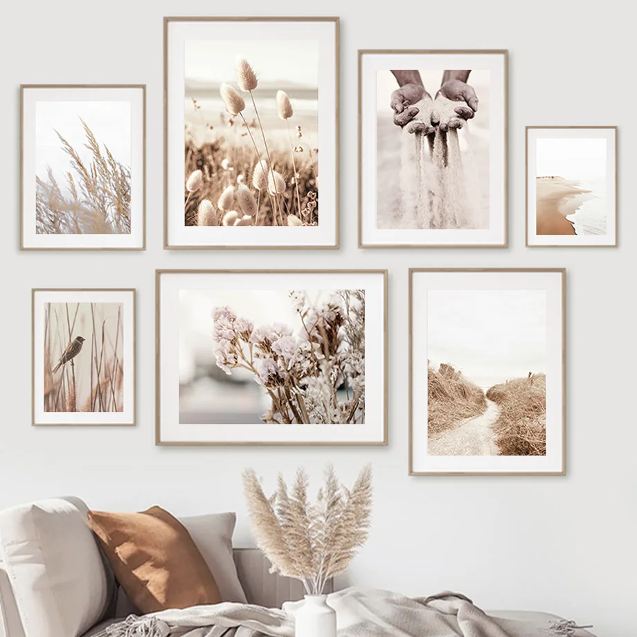 Пляжная трава тростник птица гора корова Картина на холсте скандинавские