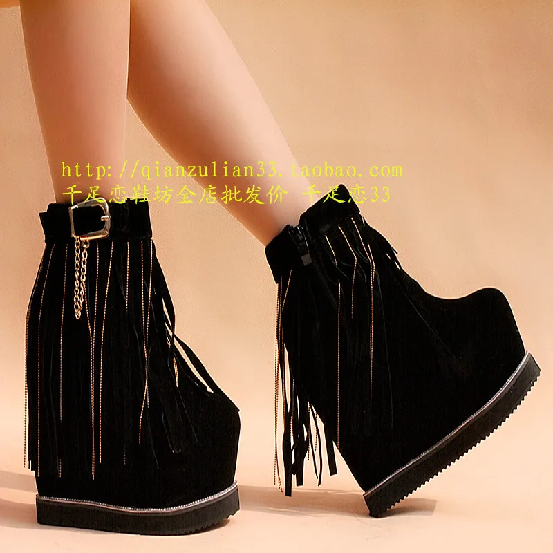 Autumn and winter fringed boots inside thickening 15 cm ultra high heel Women's in the tube muffin bottom female snow boot | Обувь