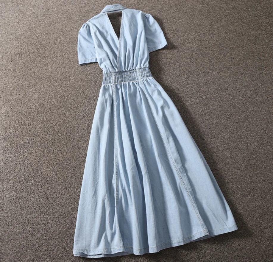 Новое летнее винтажное джинсовое платье с вырезом на спине и отложным воротником, с короткими рукавами, элегантное.