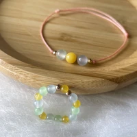 women beads jewelry set girl handmade yellow agate elastic rings minimalist blue green natural stones wax cord bracelets gift