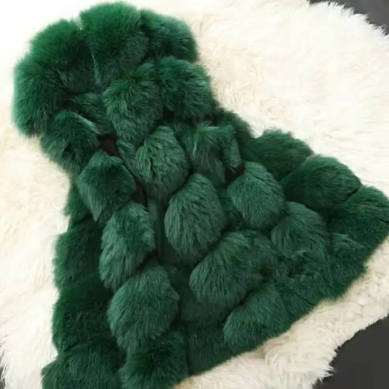 Dark Green Толстая и теплая зимняя шуба из искусственного лисьего меха, очень мягкая меховая шуба, модная женская тонкая меховая жилетка с карманами, кисточка - Цвет: Dark Green