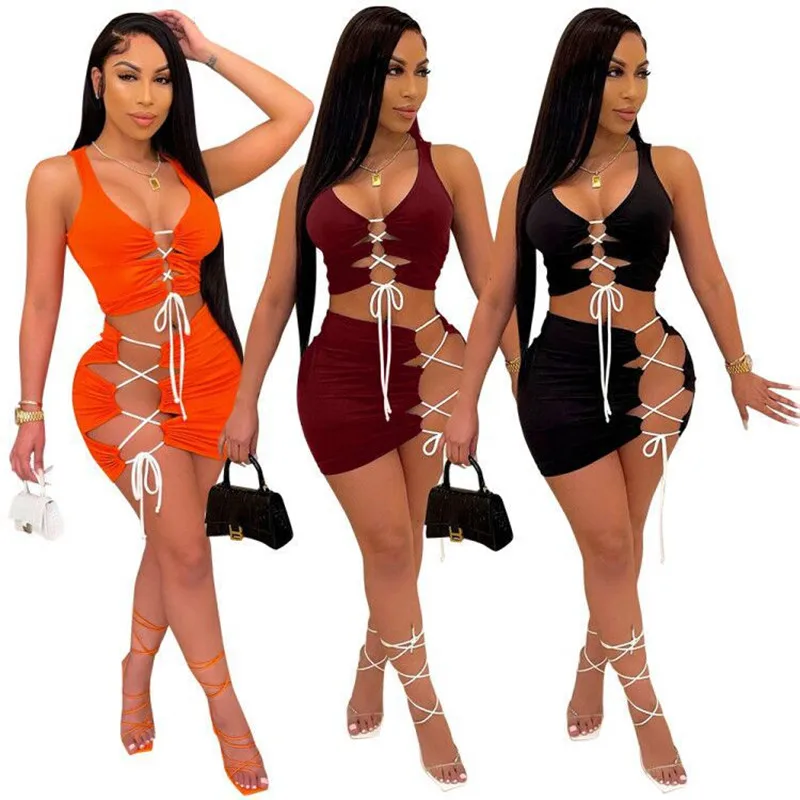 

Adogirl Criss-cross Lace Up Tracksuit Women Sexy Tank And Asymmetrical Mini Skirt Party Night Clubwear Summer Clothes For Women