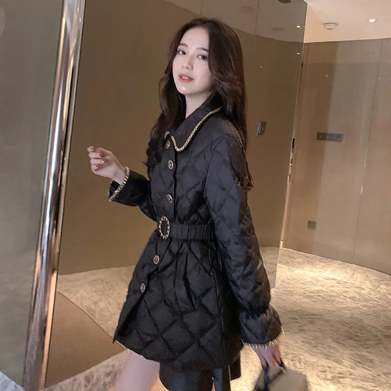 2022 Winter Korean Fashion Thick Cotton Padded Parkas Jacket New Women Elegant Coats Ladies Female Pearl Button Elastic Waist