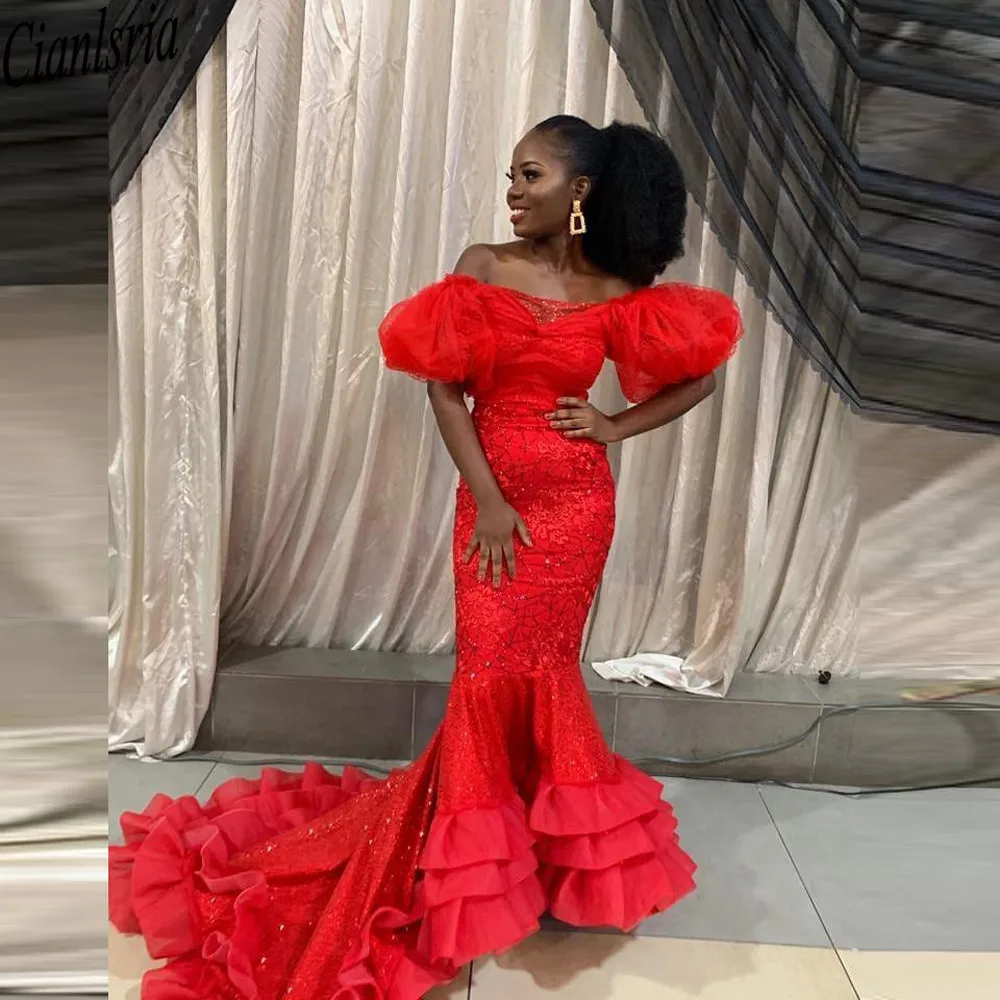 

Красное платье для выпускного вечера Aso Ebi 2021 для черных девушек с открытыми плечами и блестками вечерние платья с аппликацией русалки африк...