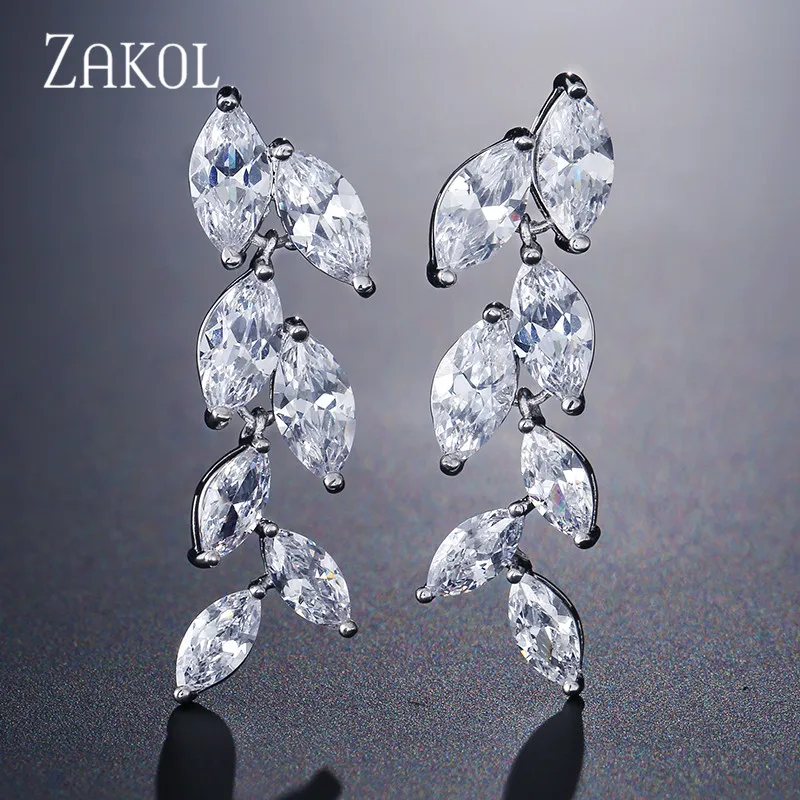 ZAKOL Fashion Marquise Cut White AAA CZ Zircon Crystal Drop Earrings for Women Gold Color Leaf Wedding Jewelry FSEP512 | Украшения и