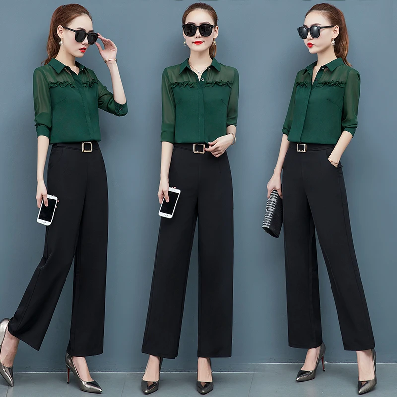 

Autumn Light Ripe Royal Elder Sister Brim Minus Age Women'S Clothing Set New Chiffon Top Shirt Slim Pants Outfit Office Fashion