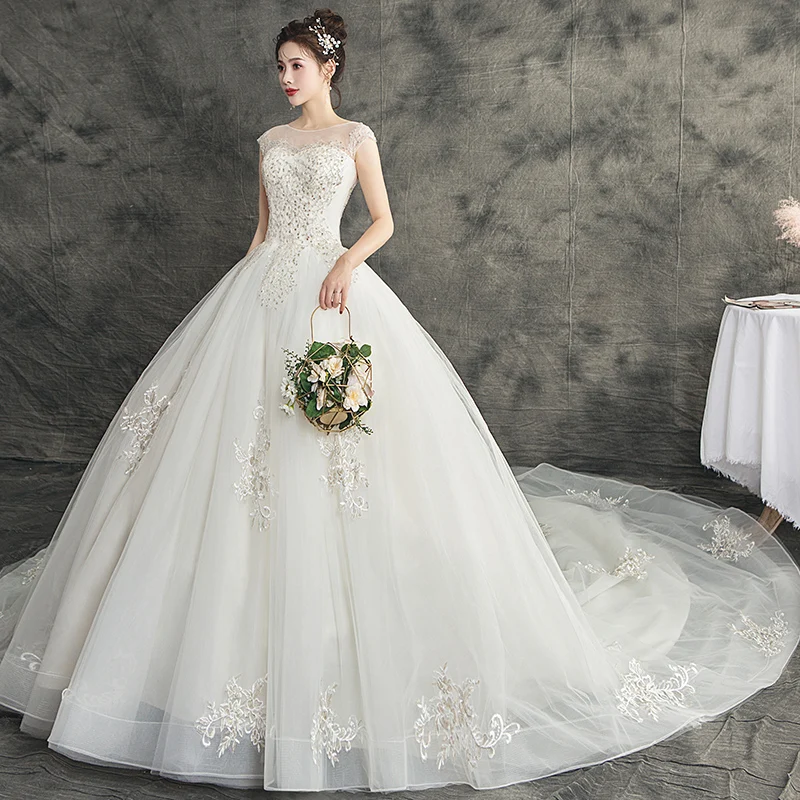 Mrs Win/свадебное платье Роскошное кружевное длинное бальное с круглым вырезом и