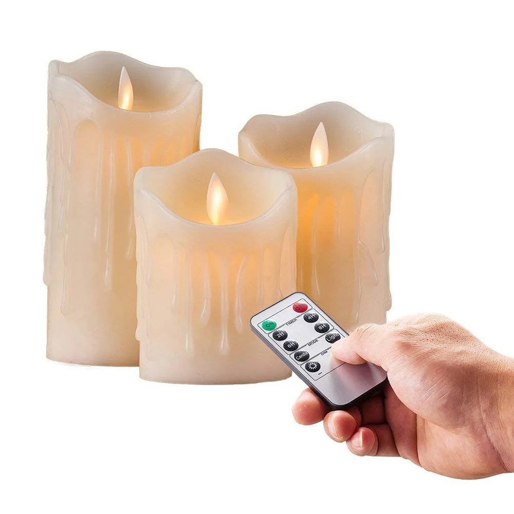 

set of 3 Flickering Flameless Pillar LED Candle Remote controlled timer Moving Dancing wick melted edge Wedding Xmas Party-Amber