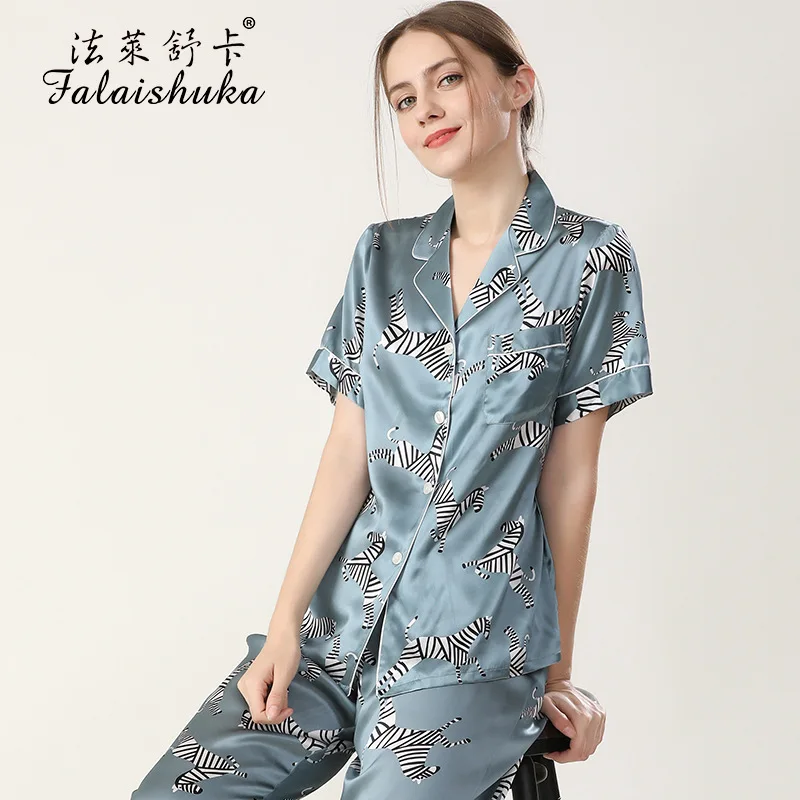 Lady  Short Sleeve  Sleepwear  2021 Summer Women 100% Silk Pajamas SetsSilk Homewears   Home Wears Two Piece Pajamas  Set